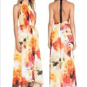 Alice + Olivia White, Orange & Yellow Watercolor High-Low Halter Dress